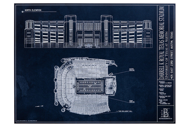 Showcase your Longhorn spirit with this unframed Darrell K Royal Memorial stadium blueprint. A unique gift for University of Texas alumni.