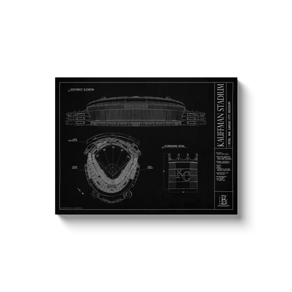 Kauffman Stadium 18x24" Canvas Wrap Black Ballpark Blueprints